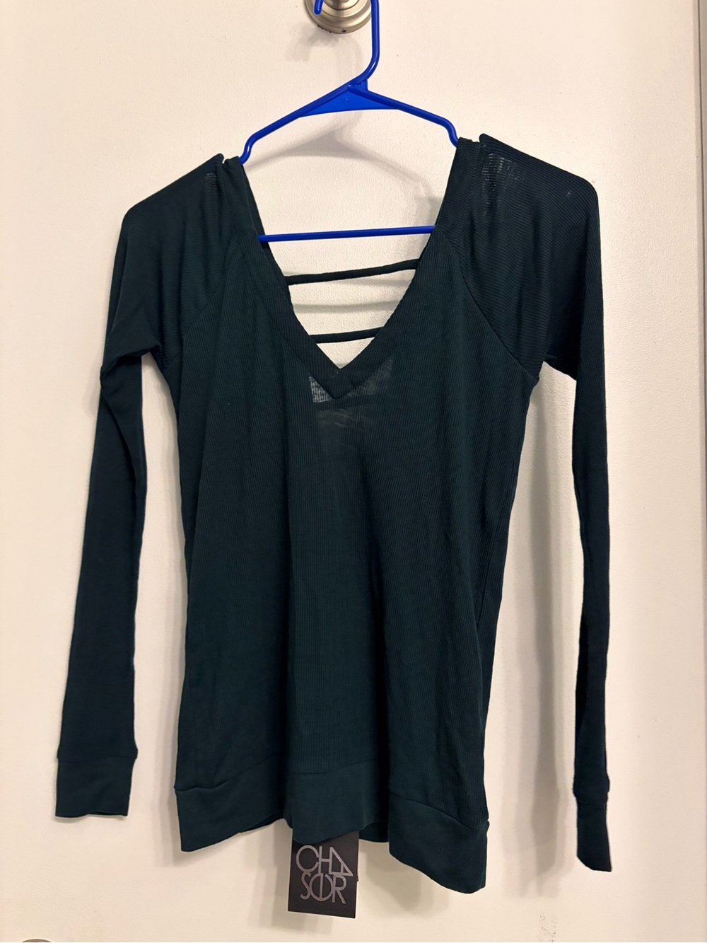 Chaser Long Sleeve V-Neck Top with Strappy Back in Dark Teal